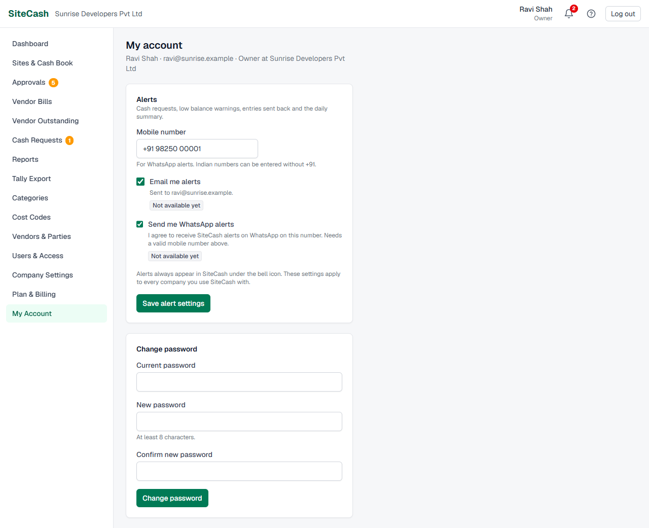 My Account page with alert settings (mobile number, email alerts, WhatsApp alerts) and the change password form