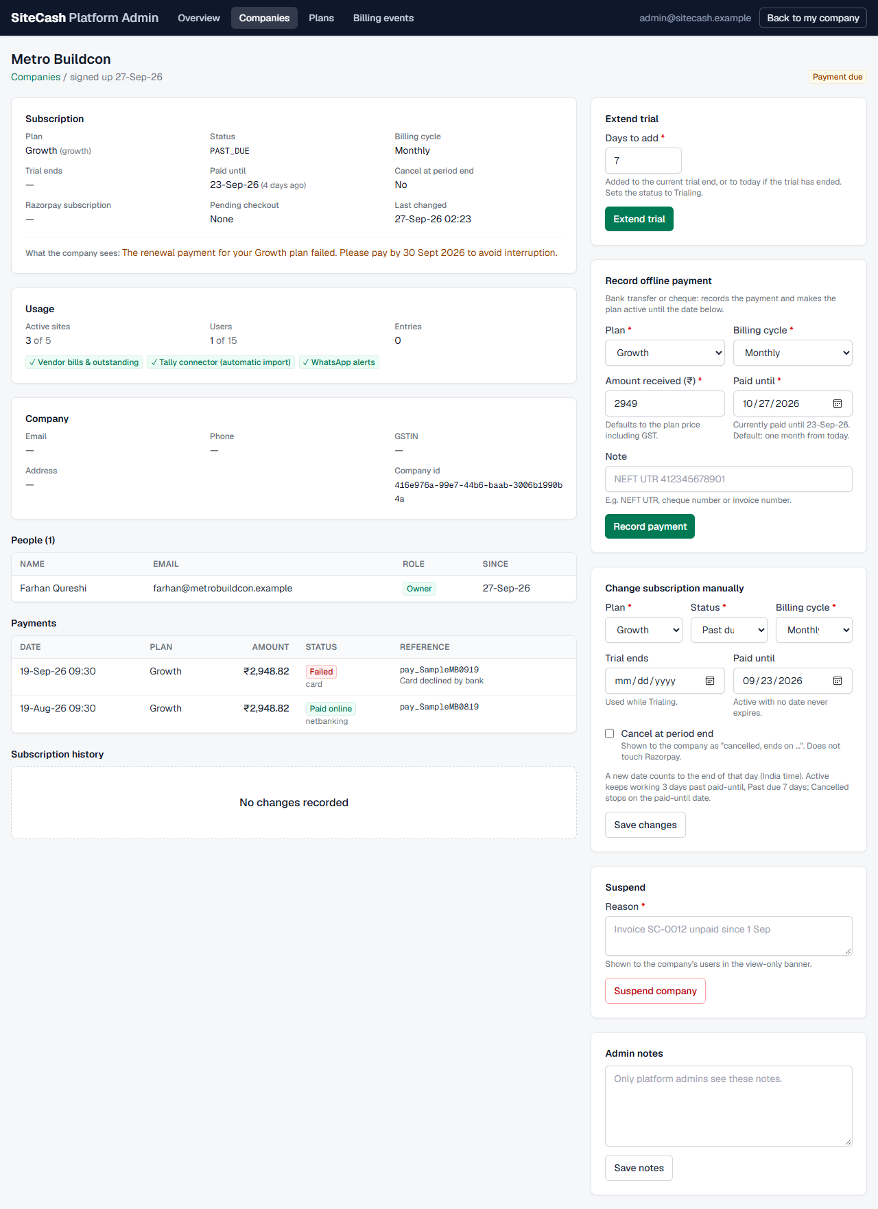 Platform admin page of Sunrise Developers Pvt Ltd with subscription details, usage, people and payments, and action boxes on the right