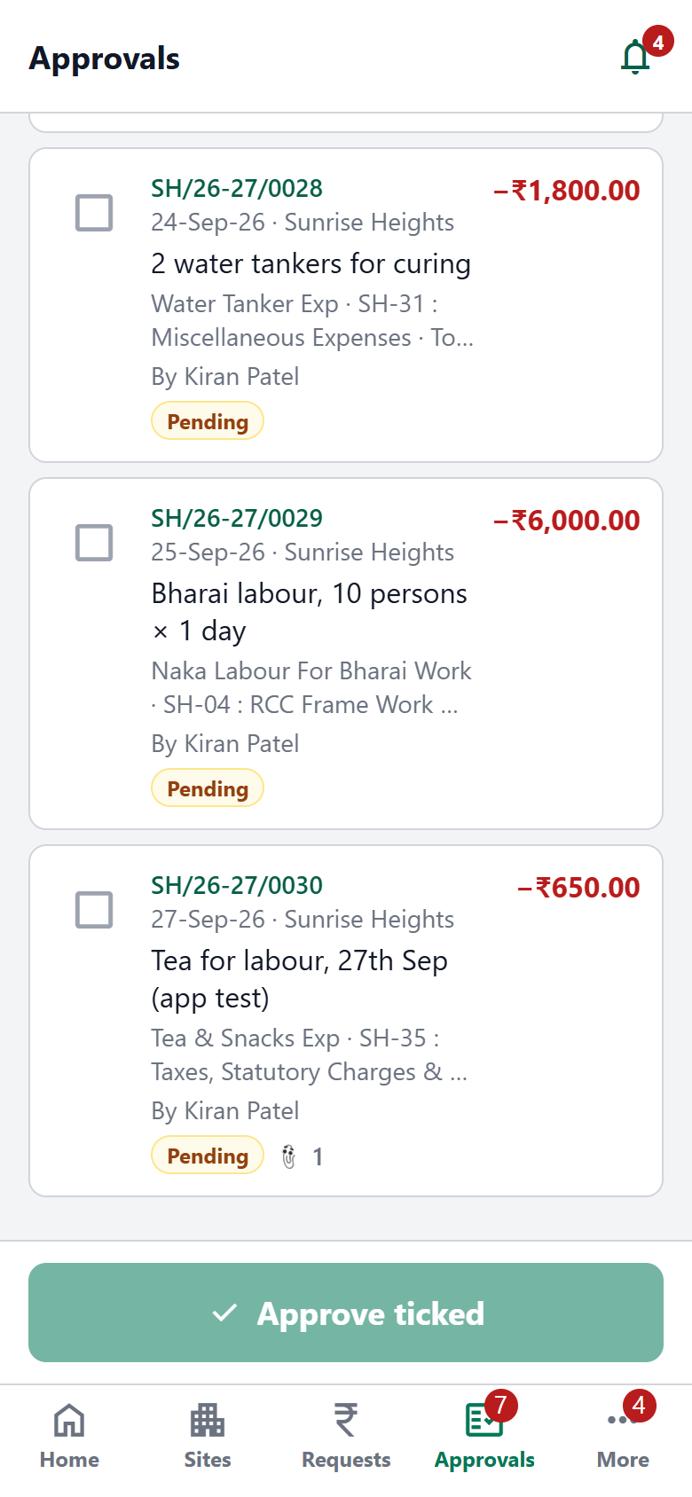 Approvals list in the app with tick boxes and an Approve ticked button