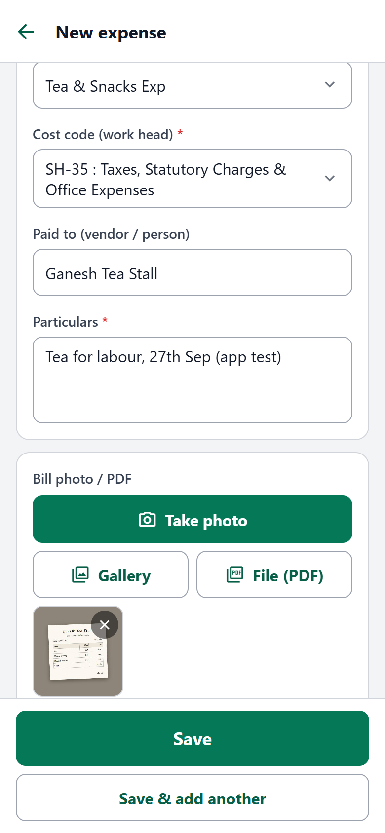 New expense form in the app with category, cost code, paid to, particulars and a bill photo