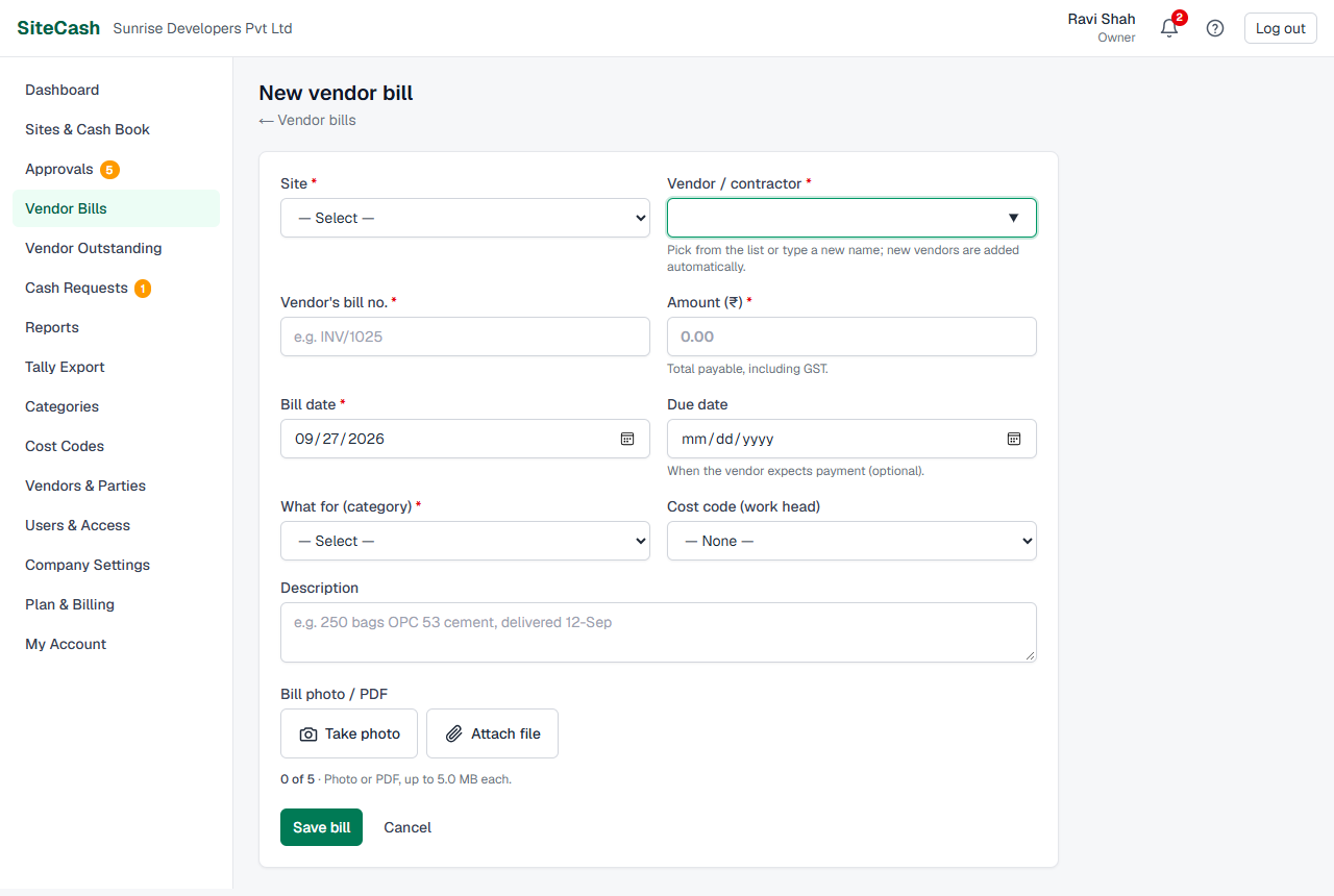 New vendor bill form with site, vendor, bill number, amount, bill date, due date, category, cost code, description and bill photo