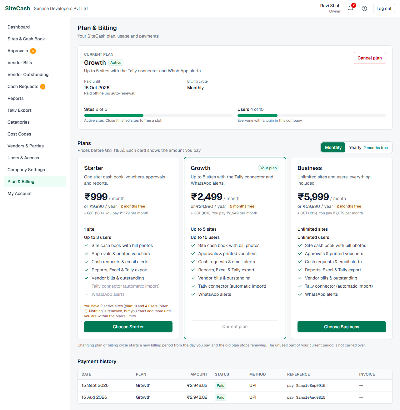Plan & Billing page with the current plan card, usage bars for sites and users, and the plan cards with the Monthly / Yearly switch
