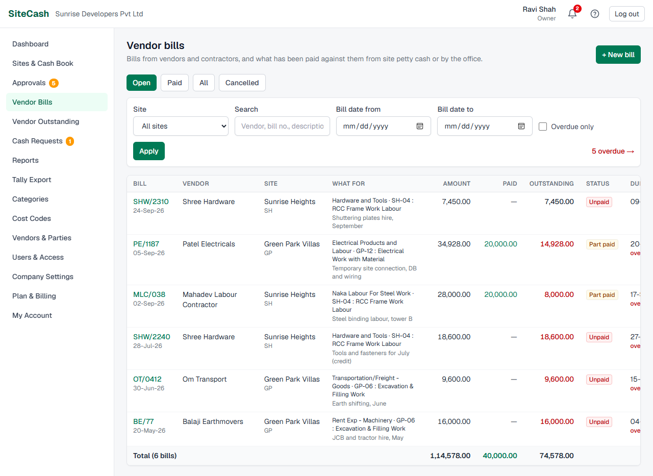 Vendor bills list with Open, Paid, All and Cancelled tabs, filters, and a table of bills with amount, paid, outstanding, status and due date