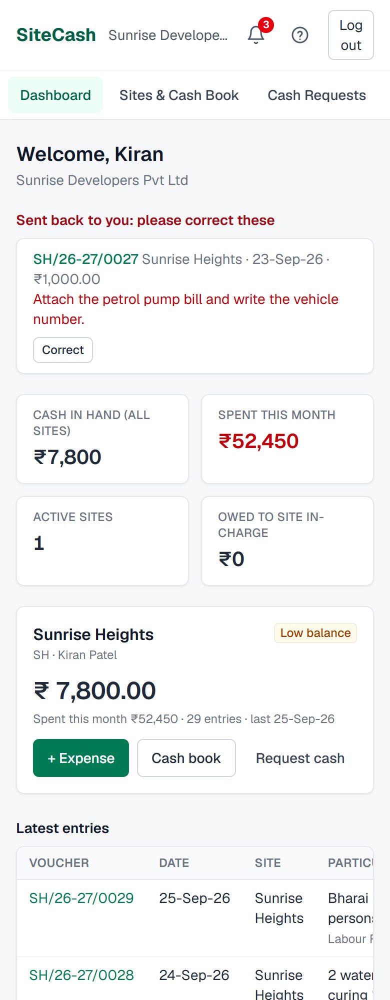 Site user's dashboard on a phone, including the Sent back to you list