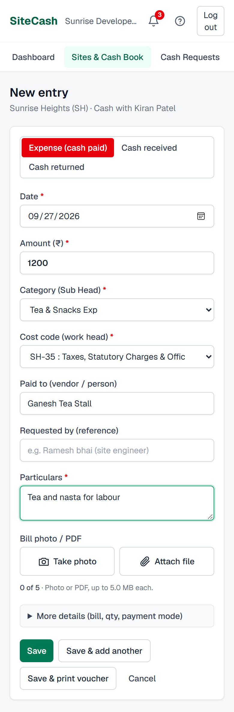 New expense form on a phone with large Take photo and Attach file buttons