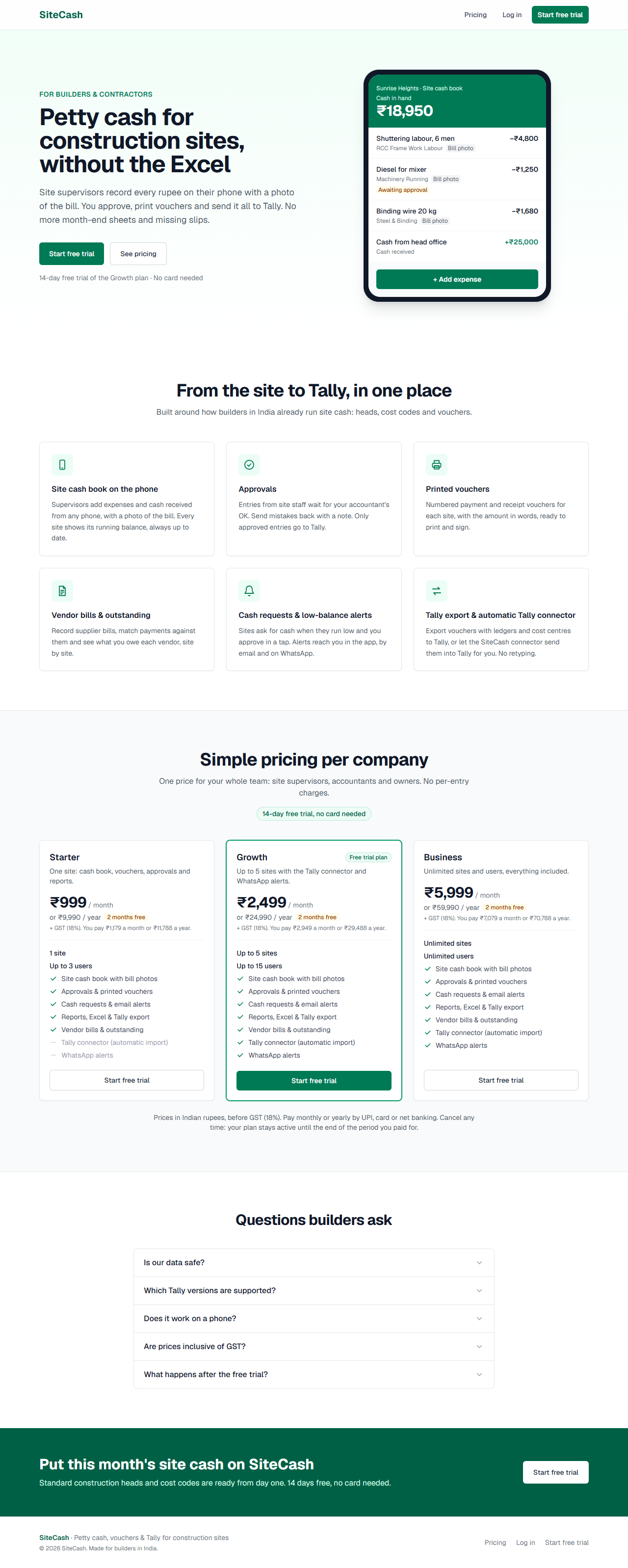 SiteCash public home page with the pricing section showing the plan cards