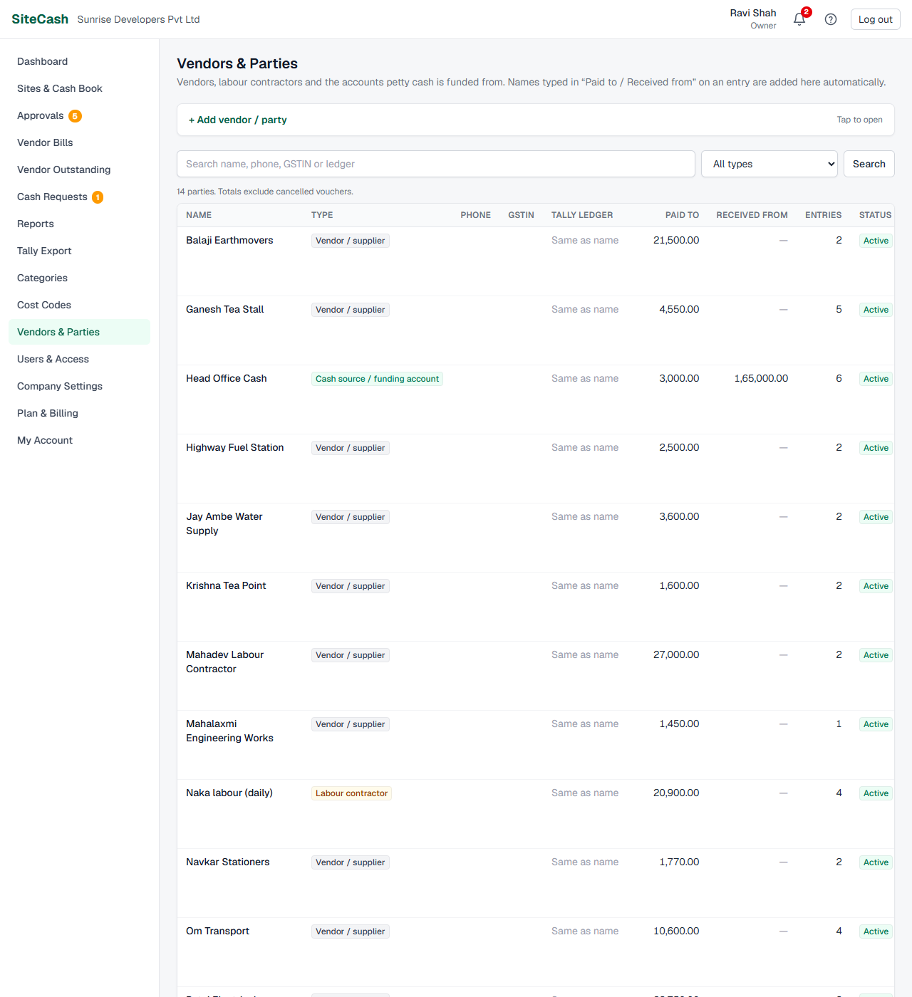 Vendors and parties list with search, type filter, type badges, Tally ledger, paid to and received from totals