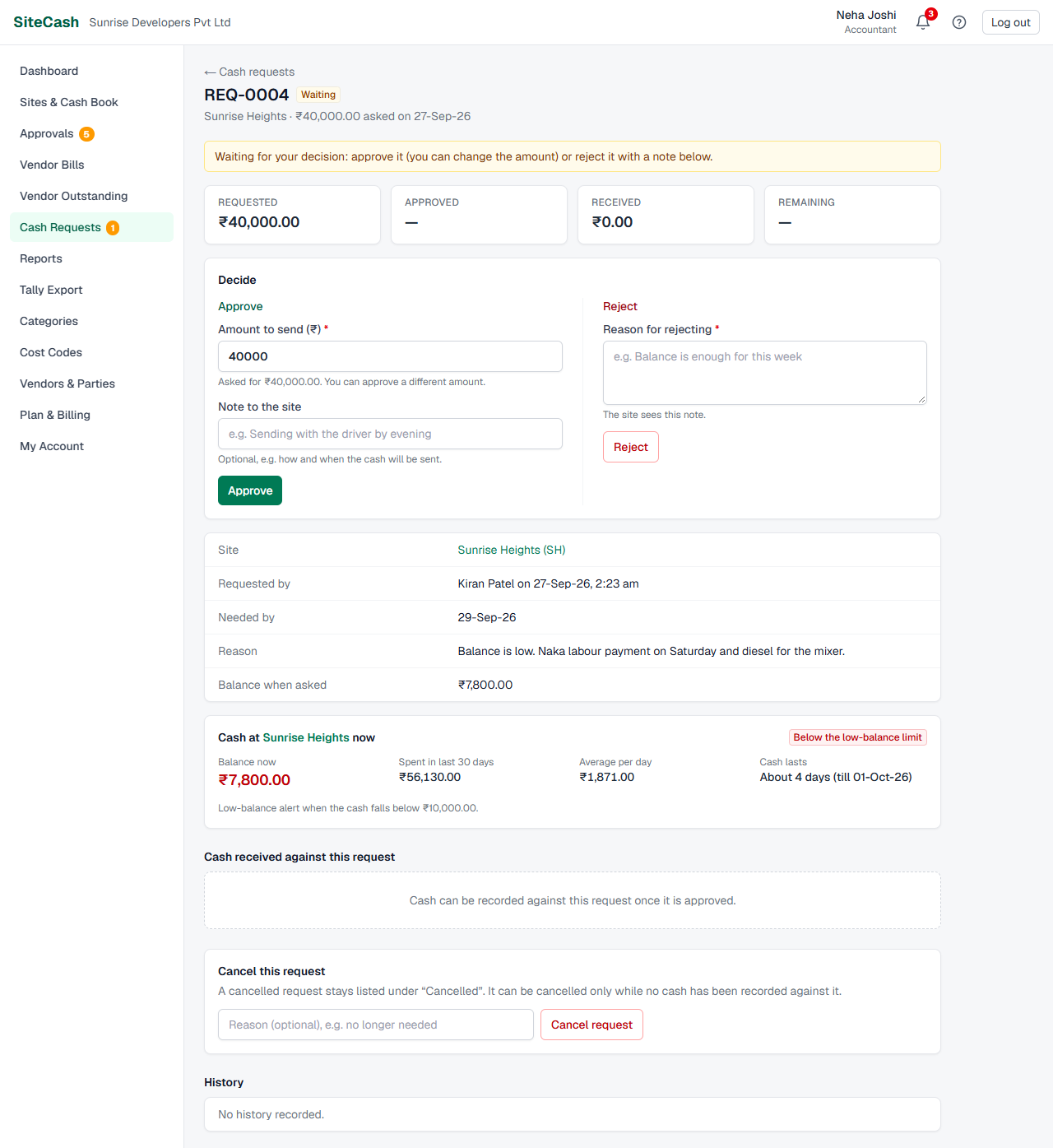 A cash request waiting for a decision, with the request details, the amounts, and a Decide box with an Approve side and a Reject side