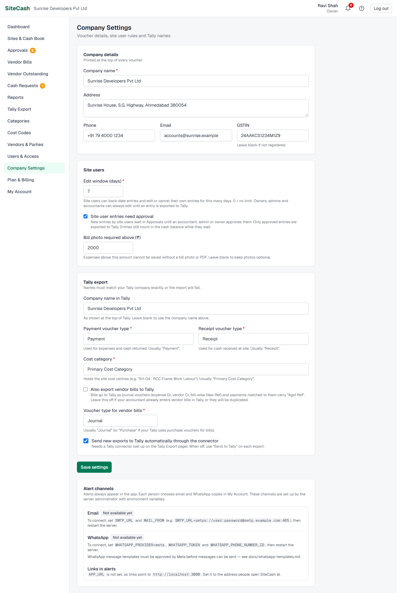 Company Settings page with company details, site user rules, Tally export names and the alert channels box