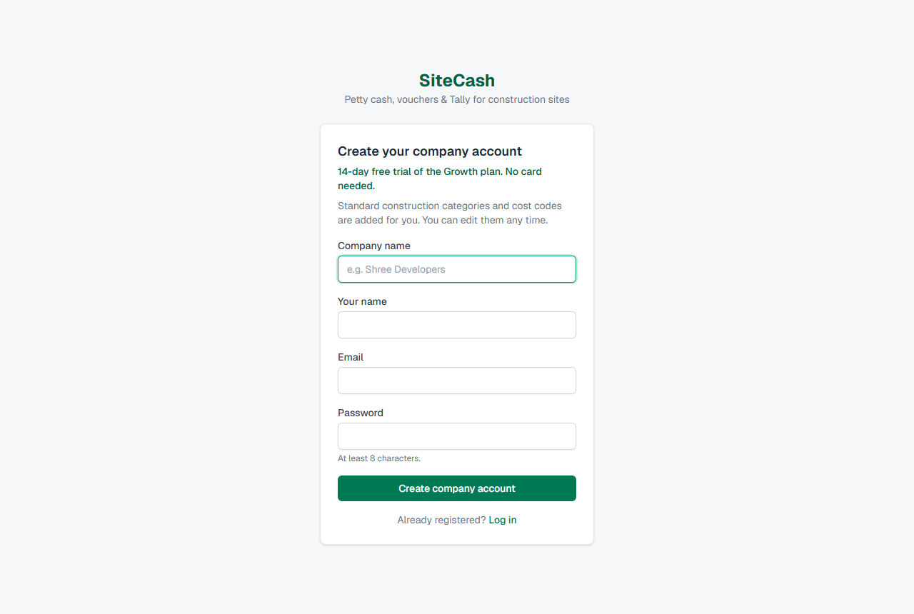 Sign-up page with fields for company name, your name, email and password, and a note about the free trial
