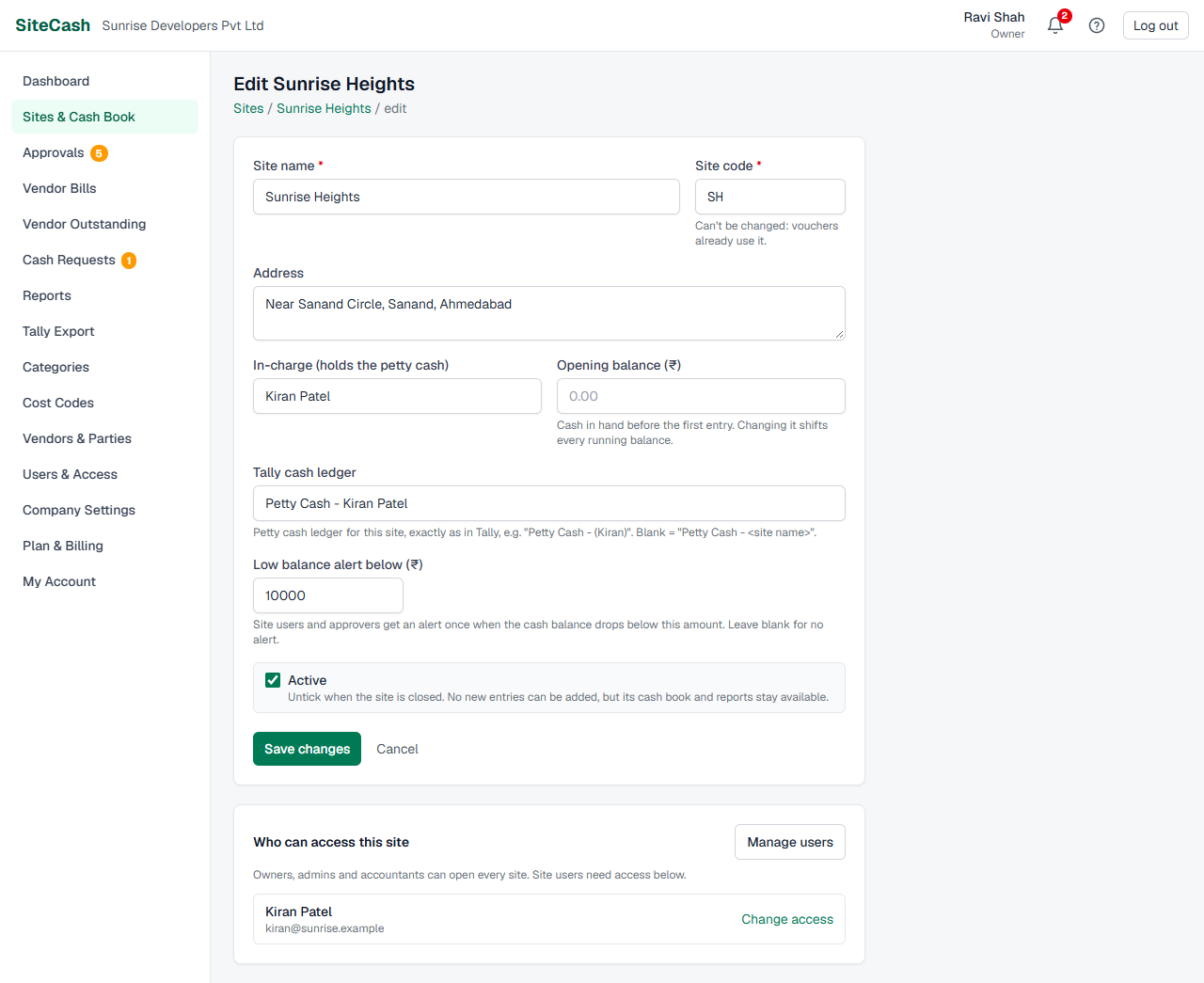 Site settings form with the low balance alert limit, the Active tick box and the list of users who can access the site