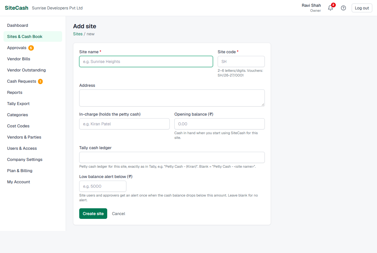 Add site form with site name, site code, address, in-charge, opening balance, Tally cash ledger and low balance alert fields