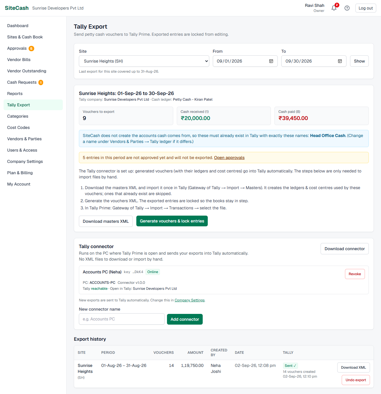 Tally Export page with the site and period filter, the preview of vouchers to export, the Tally connector card and the export history