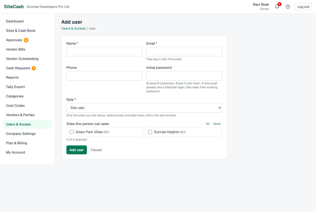 Add user form with Name, Email, Phone, Initial password, Role and the list of sites to tick