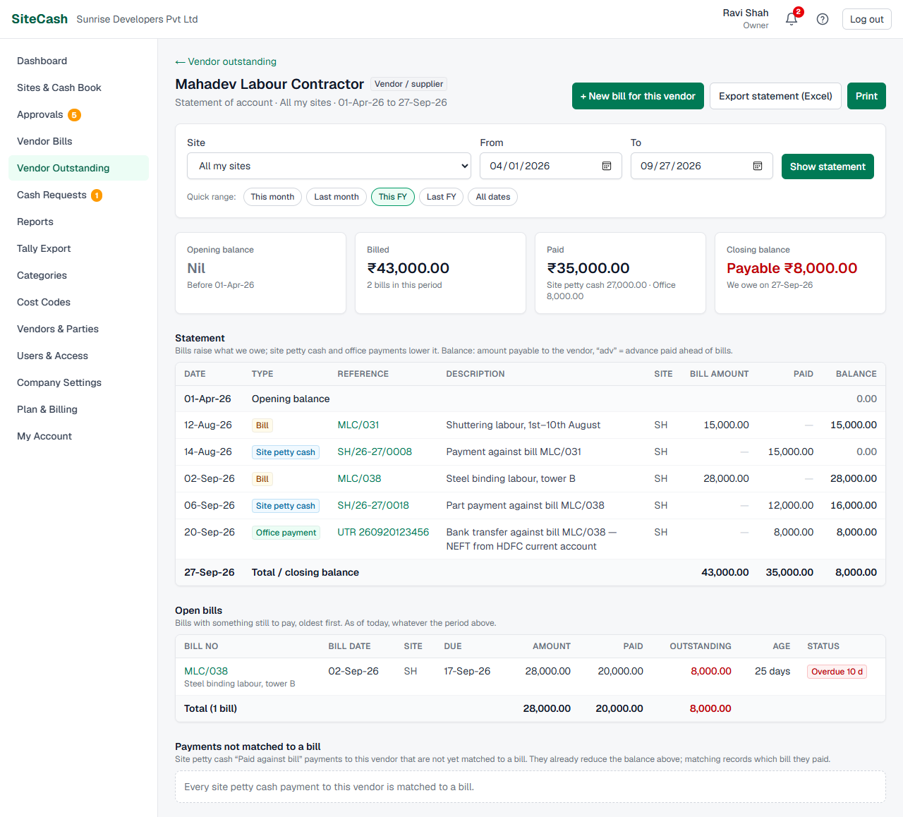 Statement of account for one vendor with opening balance, billed, paid, closing balance and a table of bills and payments with a running balance