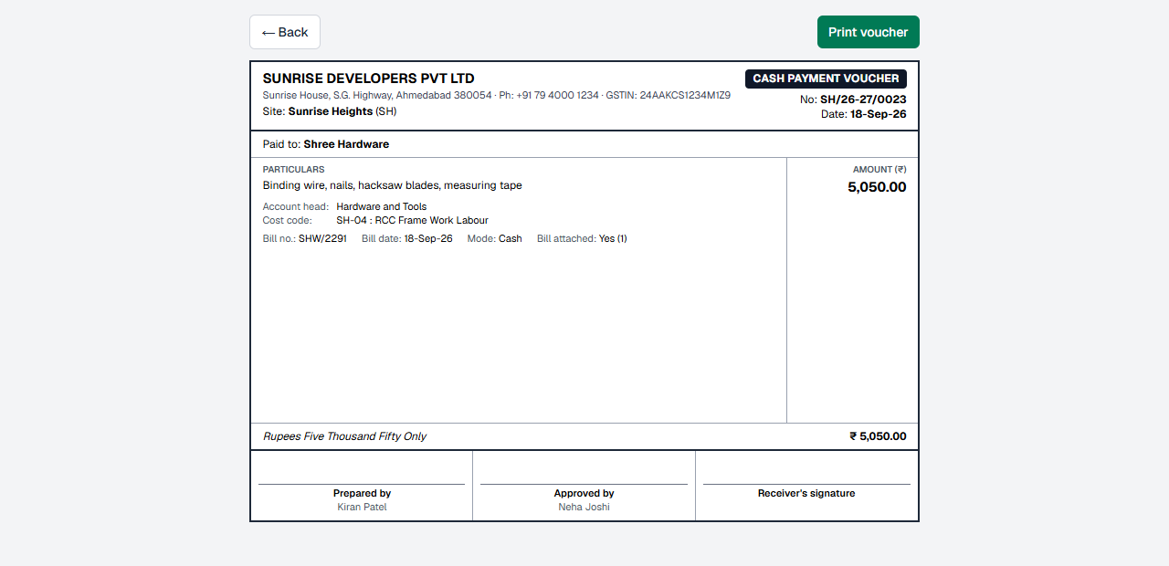 A printed cash payment voucher with company header, voucher number and date, paid to, particulars, account head, cost code, amount in figures and words, and three signature boxes