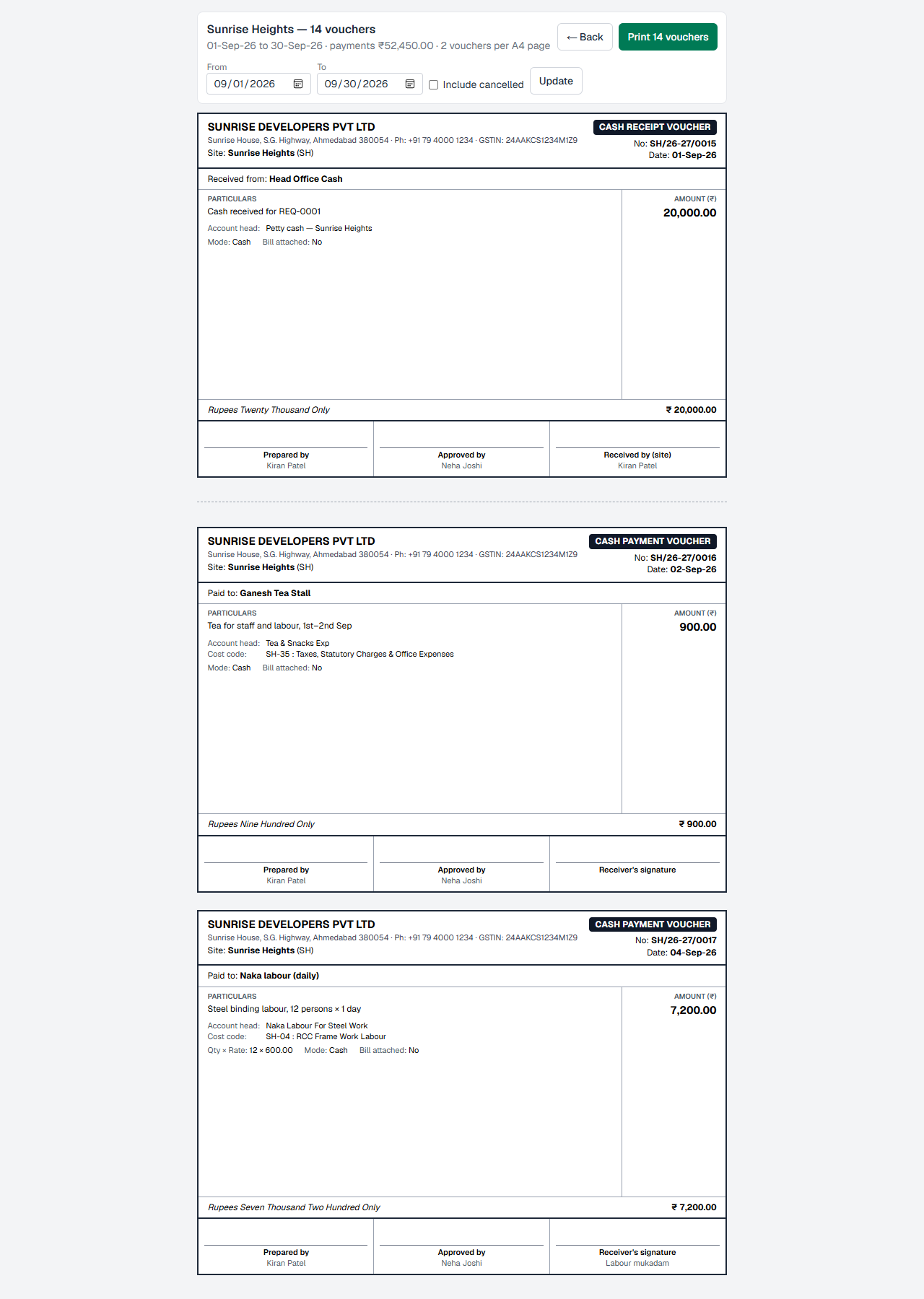 Print vouchers page for a period with From, To, Include cancelled and the print button, showing two vouchers per A4 page
